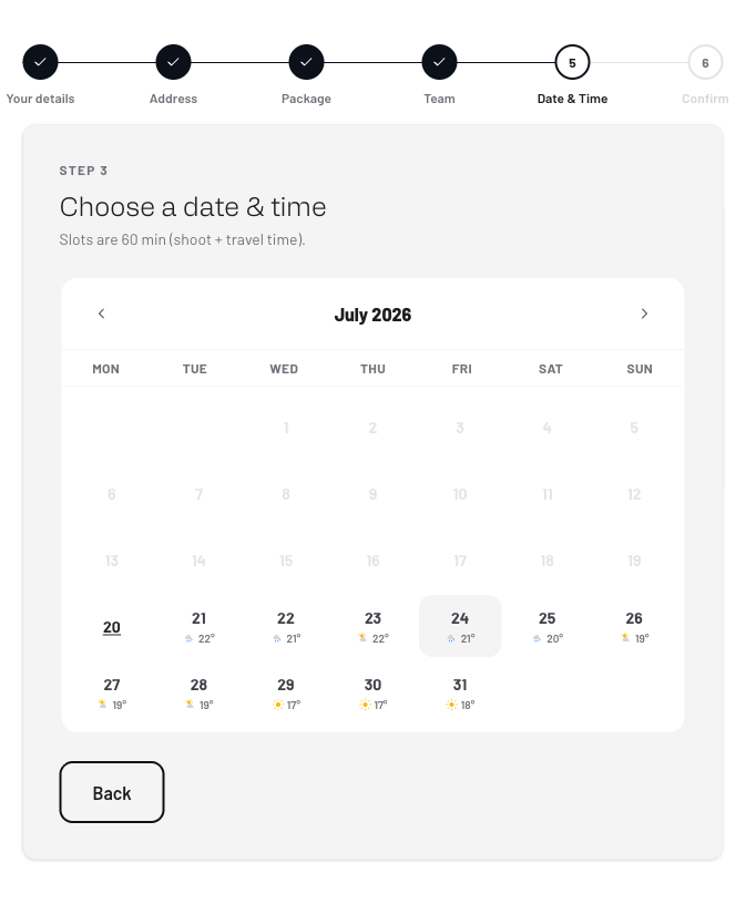 Date and time selection with weather forecast in Shootbase