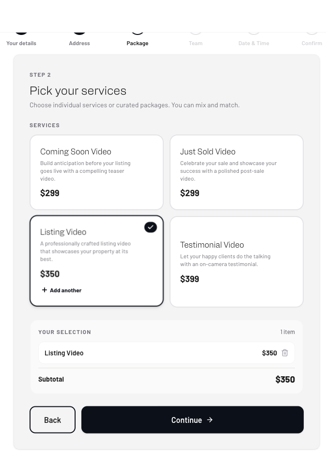 Choosing services and packages in the Shootbase booking flow